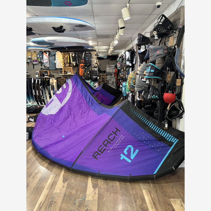 Used 2026 North Reach 12m kite in Deep Purple – front three-quarter view, full kite