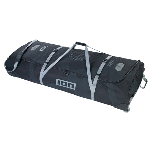 ION Wing Gearbag Tec travel bag in black, designed for wing surfing gear, with sturdy handles and spacious main compartment.