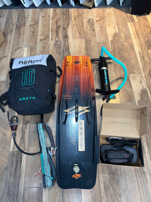 North Reach 10m kite and Naish Motion 138 package, used and new gear shown together