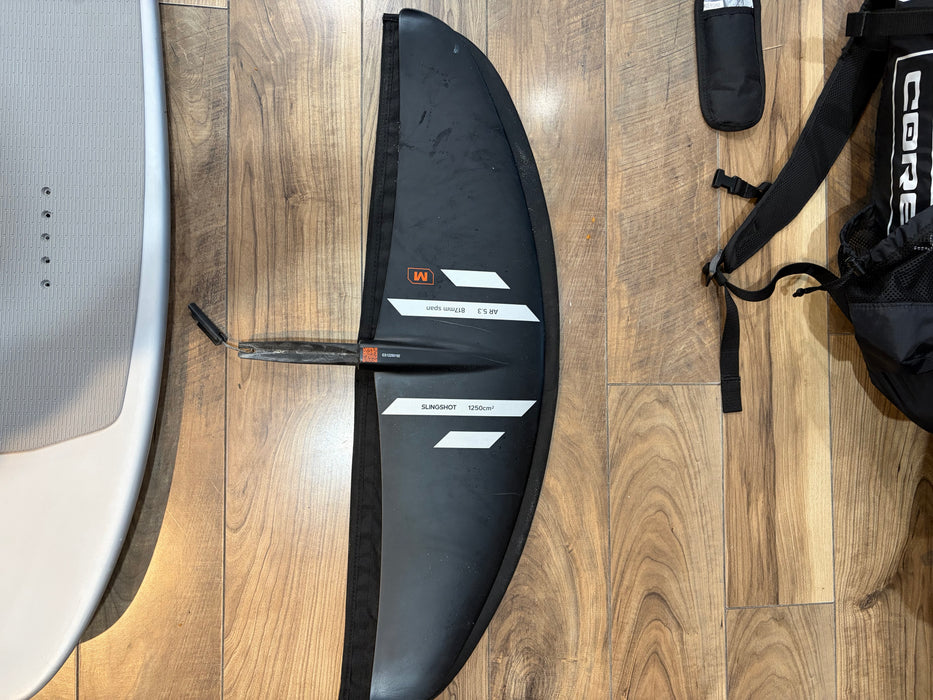 Slingshot One-Lock Ease 1250 front wing foil set, used gear, shown from the side