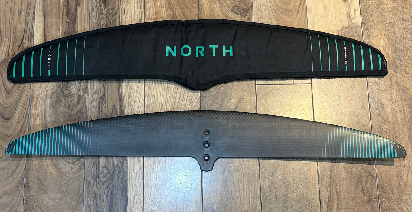 Used Force Kiteboarding North Sonar foil board and scoop foil, full carbon kite foil package close-up