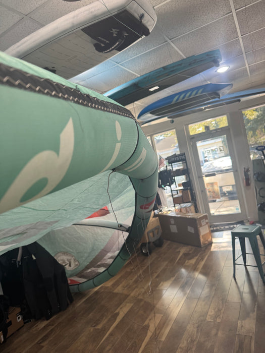 2018 Cabrinha Contra 17 used kite by Reedin, black and white canopy displayed for inspection