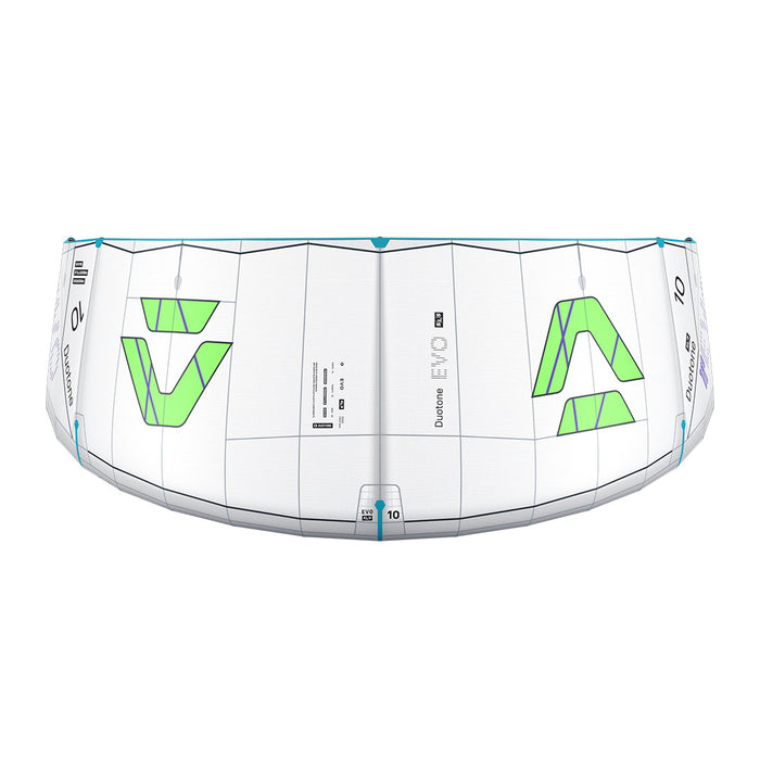 Duotone 2027 Evo SLS kiteboarding gear, close-up of the top deck showcasing the sleek design and vibrant graphics.