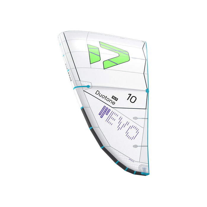 Duotone 2027 Evo SLS kiteboarding kite with vibrant colors and sleek design, showing the side view of the all-gear kite.