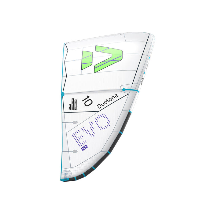Duotone 2027 Evo SLS kiteboarding kite with blue and white design, shown from side view, highlighting the all-gear kites category.