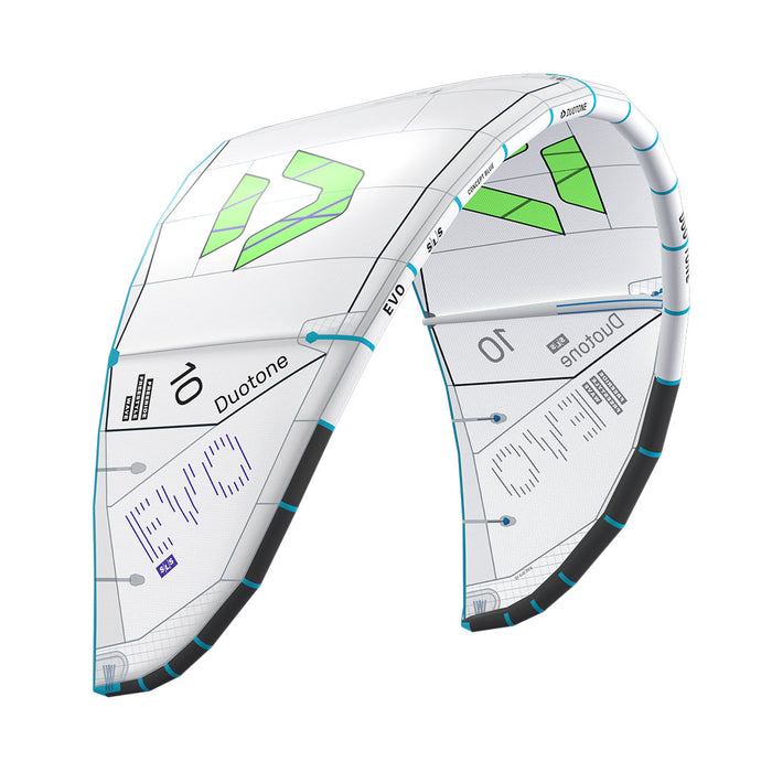 Duotone 2027 Evo SLS kiteboarding kite with vibrant colors and sleek design, showcasing the all-in-one kitesurfing gear.