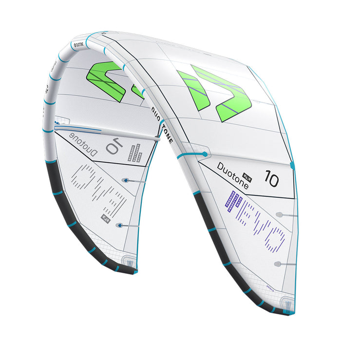 Duotone 2027 Evo SLS kiteboarding kite with vibrant colors and sleek design, displayed outdoors against a clear sky.