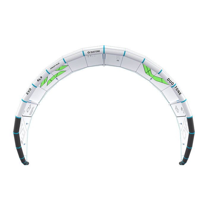 Duotone 2027 Evo SLS kiteboarding kite with vibrant graphics, front view showing sleek design and bright color accents.