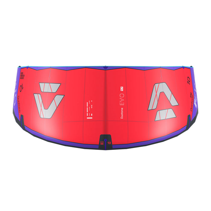Duotone 2027 Evo SLS kiteboarding kite with vibrant red and black design, shown flying against a clear sky.