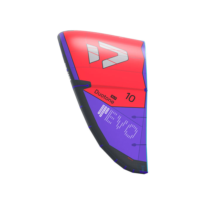 Duotone 2027 Evo SLS kiteboarding gear, side view of the lightweight kite with vibrant design and branding details.