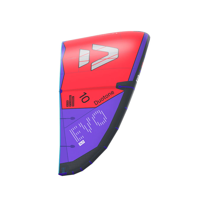 Duotone 2027 Evo SLS kiteboarding kite with vibrant design, displayed from the side view showing its sleek shape and vibrant colors.