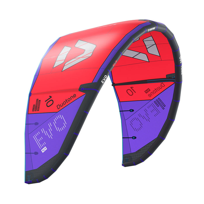 Duotone 2027 Evo SLS kiteboarding kite with vibrant red and black design, showcased outdoors against clear sky.