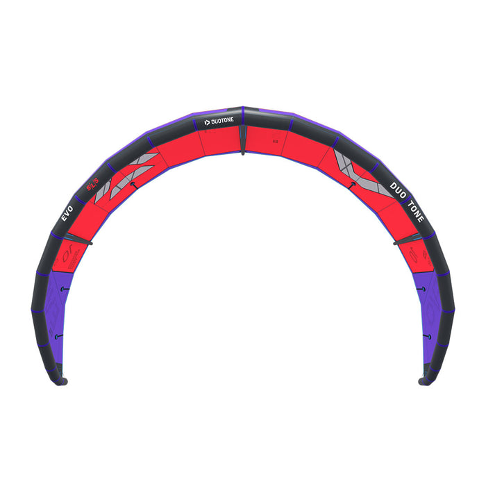 Duotone 2027 Evo SLS kiteboarding kite with bright graphics, front view showing the sleek design and brand logo.