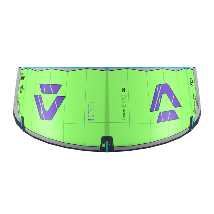 Duotone 2027 Evo SLS kiteboarding gear all-kites, top view showing sleek design and vibrant color scheme.