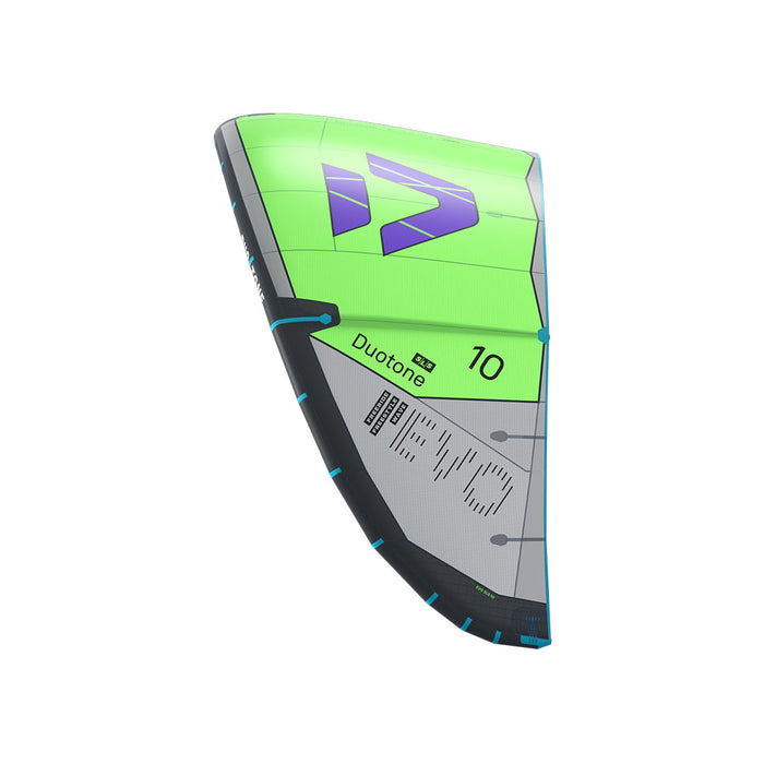 Duotone 2027 Duotone Evo SLS kiteboarding kite with side view, showcasing sleek design and vibrant colors.