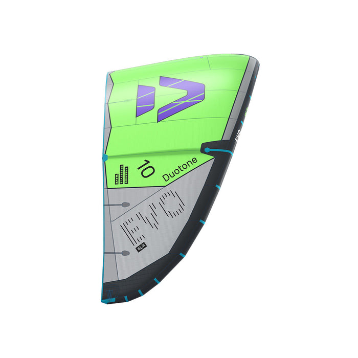 Duotone 2027 Evo SLS kiteboarding gear all-kites, side view showing sleek design and branding on the kite.