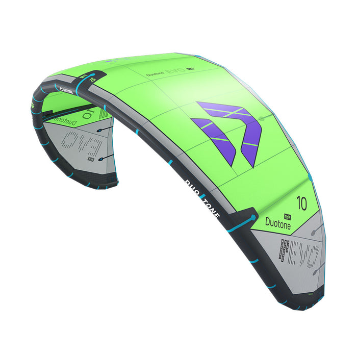 Duotone 2027 Evo SLS kiteboarding gear, showcasing the sleek design and vibrant colors of the all-kites model.