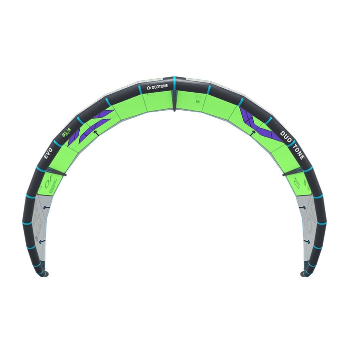 Duotone 2027 Evo SLS kiteboarding kite with vibrant design, shown from the front, highlighting its aerodynamic shape and bold graphics.