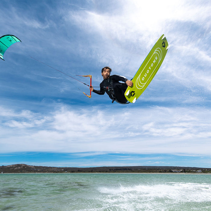 Duotone Gonzales TT kiteboarding twin-tip board with click bar, designed for all-level kiteboarding enthusiasts.