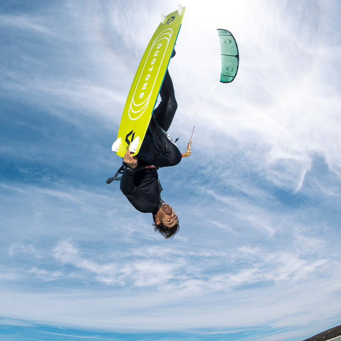 Duotone 2026 Gonzales TT kiteboarding twin-tip board with click bar and vibrant design, used by rider Toby Bromwich.