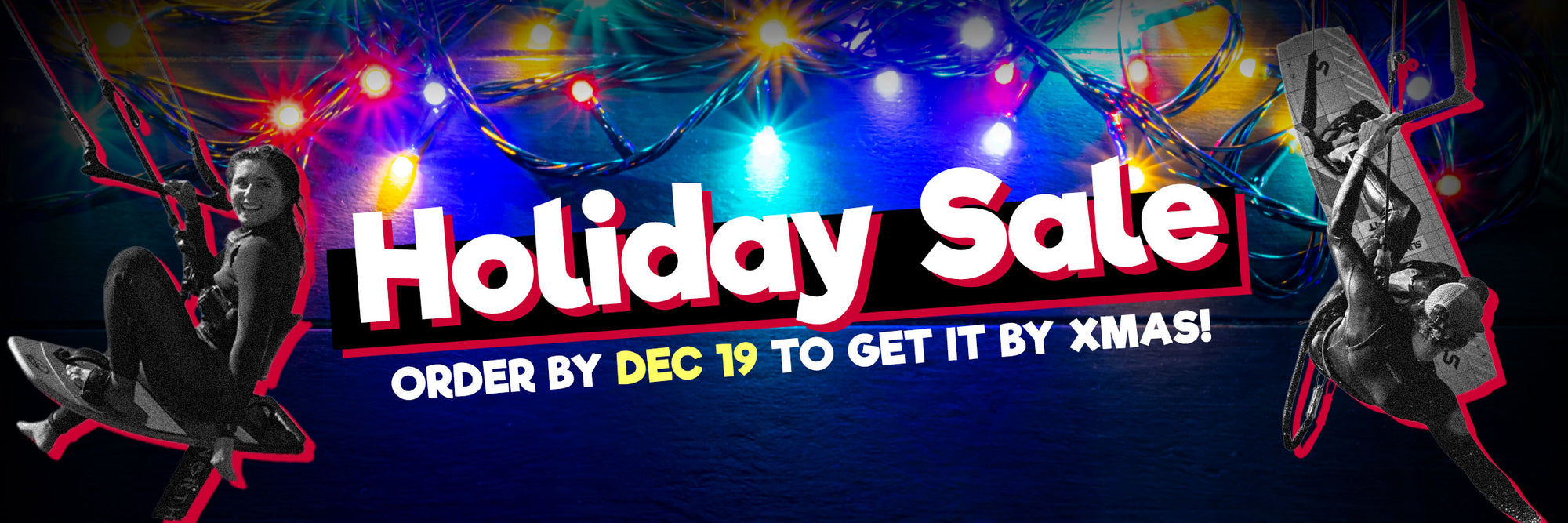 Promotional banner for a holiday sale with colorful lights and text.