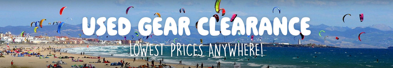 Used gear clearance banner with beach and kitesurfers in the background