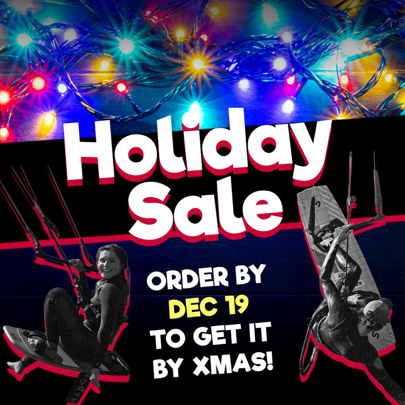 Promotional graphic for a holiday sale with colorful lights and text.