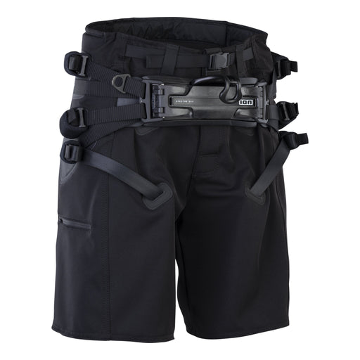 ION B2 kite seat harness in black, front view with Spectre Bar 2 spreader bar and Spectre flaps