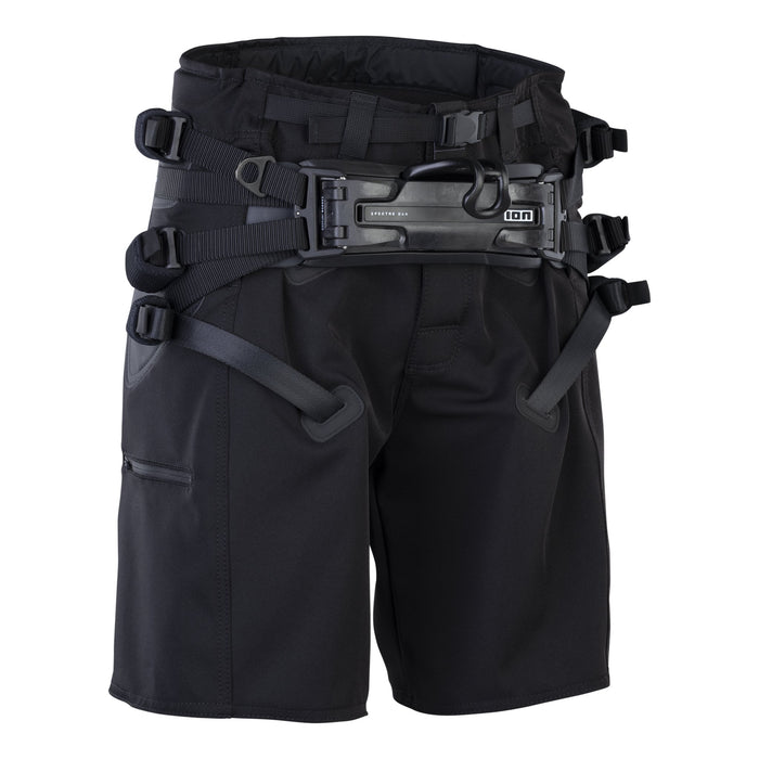 ION B2 kite seat harness in black, front view with Spectre Bar 2 spreader bar and Spectre flaps