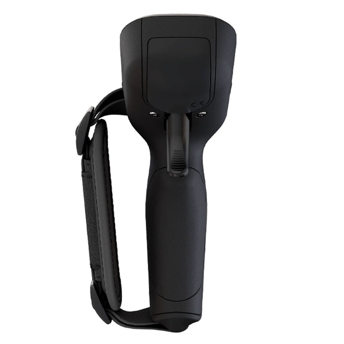 Black handheld device with a strap on a white background