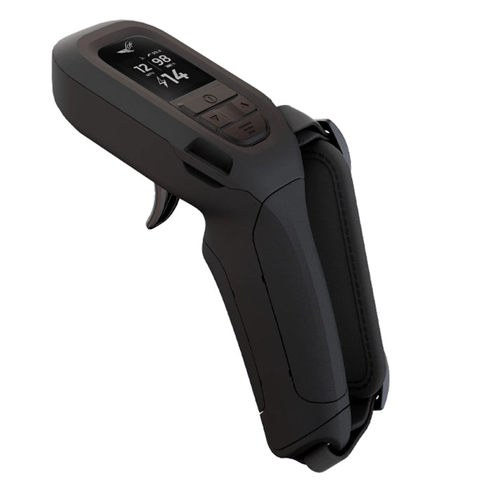 Black handheld device with digital display on a white background