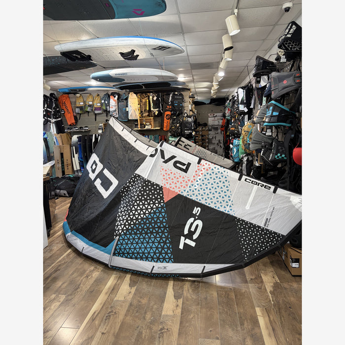 Used Core Pace 13.5m kite in Black/Black – full kite, front three-quarter view